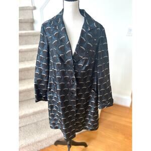 Vintage Nine West Silk Blue Black Damask Brocade Button Trench Coat Whimsygoth